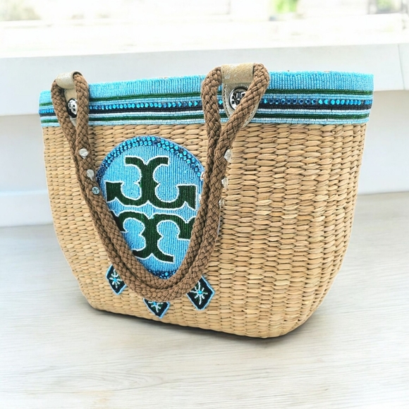 🆕 Tory Burch Special Edition Ella Straw Tote Beaded Logo Lining & Drawstring - Picture 7 of 17